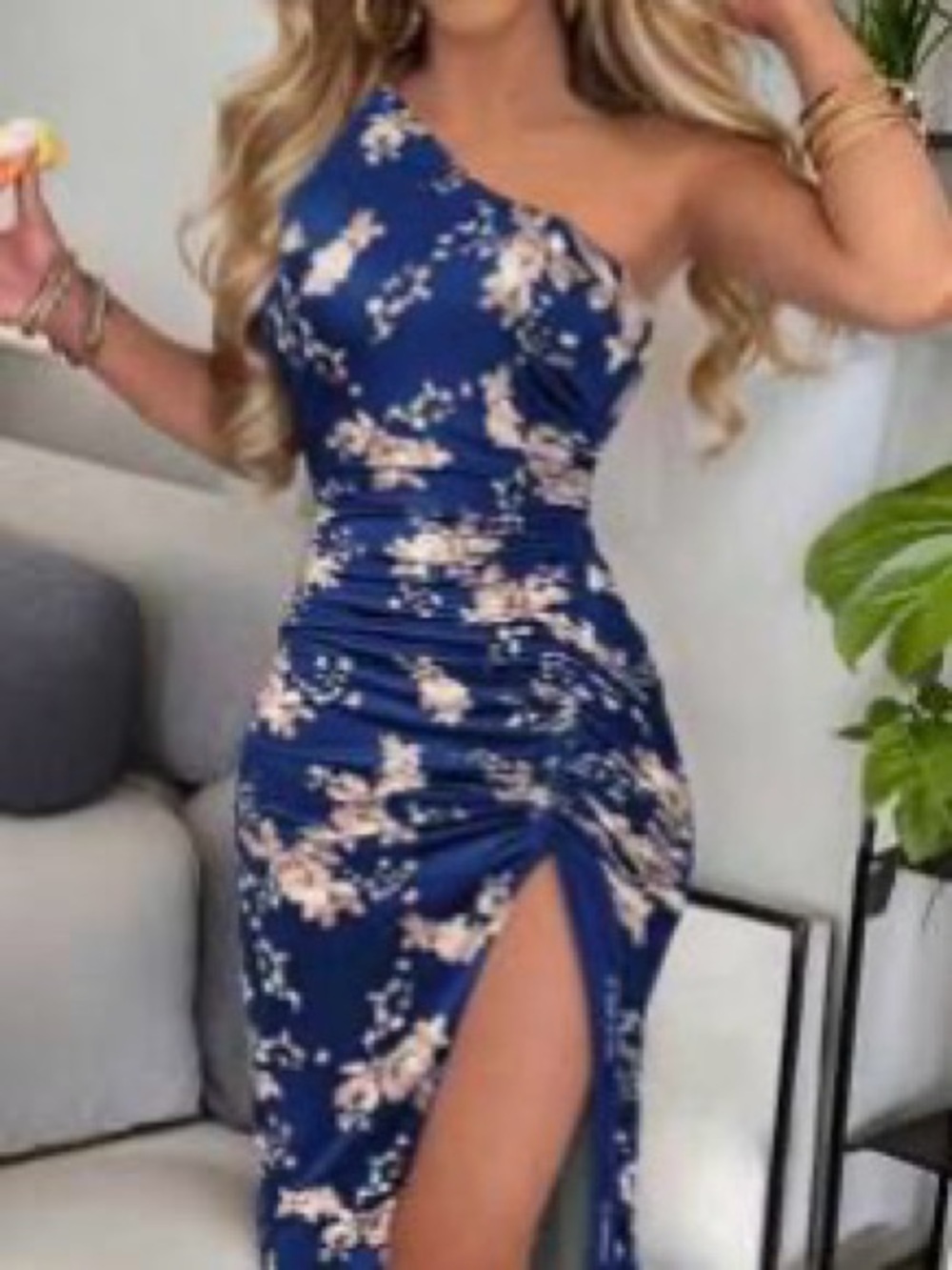 SHEIN Navy Satin Floral Drawstring Midi Skirt